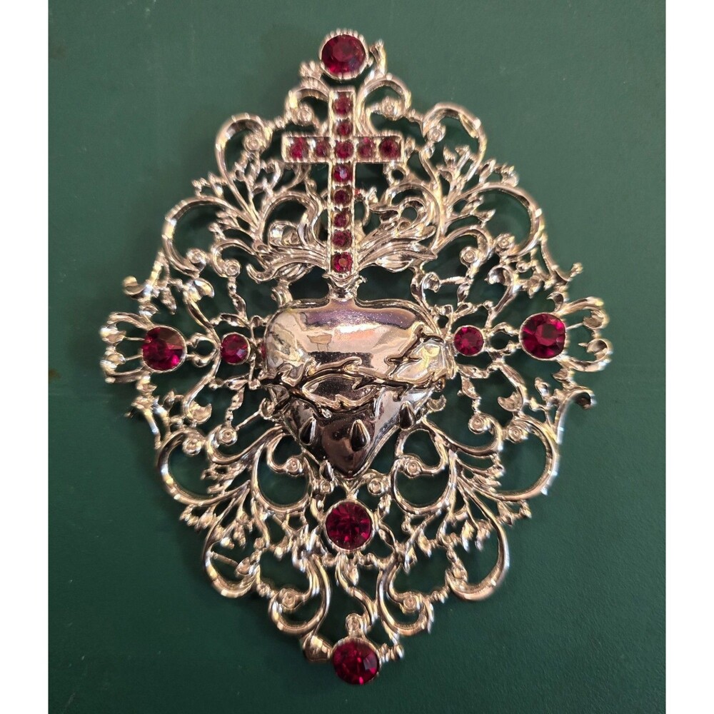 Sacred Heart & Cross Silvertone Metal Filigree w/ Red Crystal Accents Wall Art